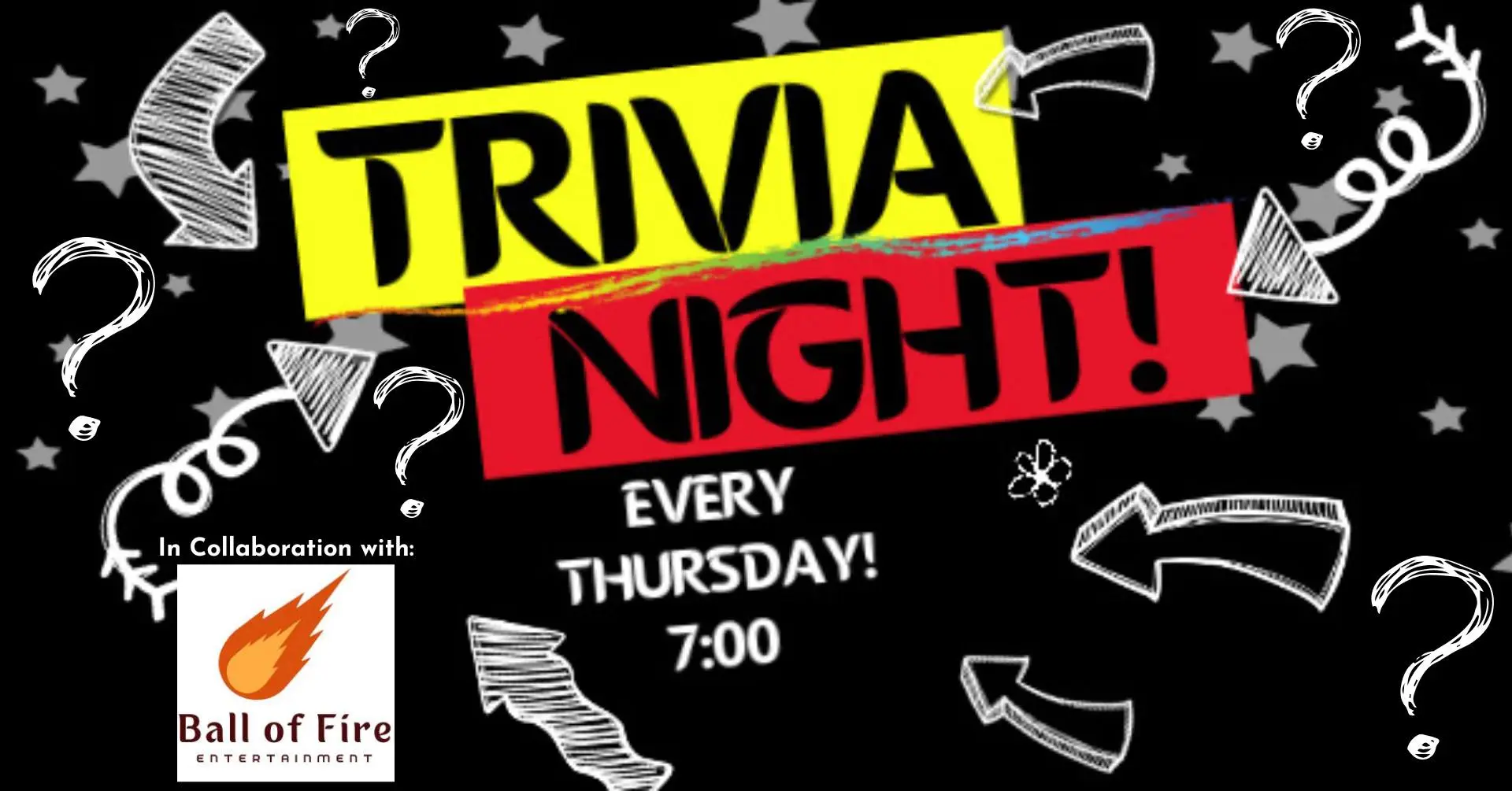 Trivia Night poster. Event details: Every Thursday 7:00 PM at Intermission Beer Company, Brook Road. In collaboration with Ball of Fire Entertainment. Quiz Night, Pub Quiz. Sign advertising a trivia night at a bar.