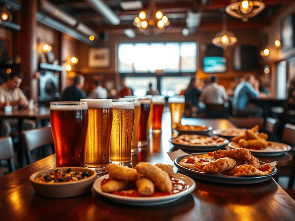 Beers on a Bar surrounded by food; tenders and pizza